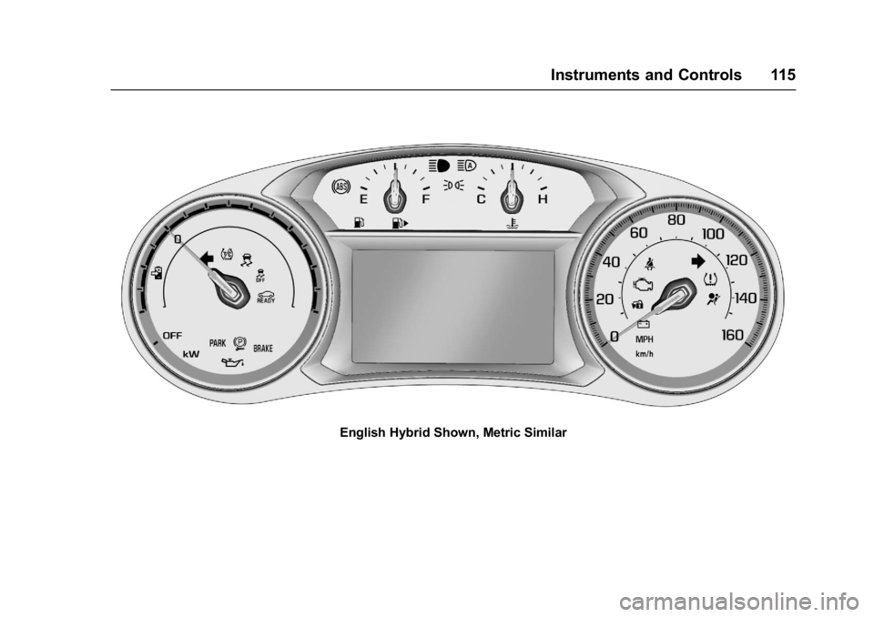 CHEVROLET MALIBU 2018  Owners Manual Chevrolet Malibu Owner Manual (GMNA-Localizing-U.S./Canada/Mexico-
11348460) - 2018 - crc - 5/3/17
Instruments and Controls 115
English Hybrid Shown, Metric Similar 