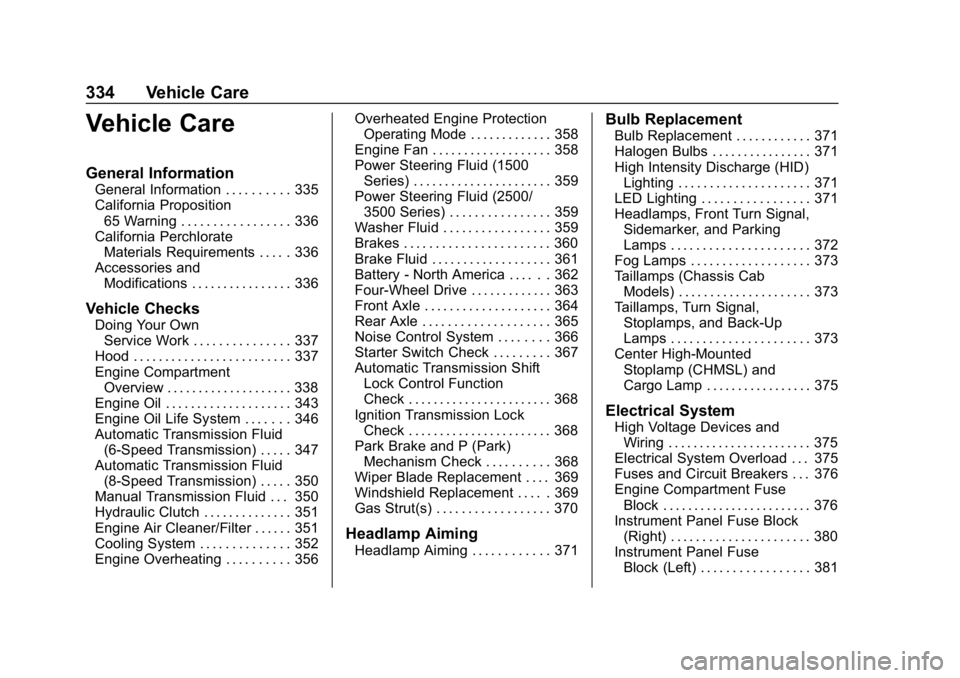 CHEVROLET SILVERADO 2018  Owners Manual Chevrolet Silverado Owner Manual (GMNA-Localizing-U.S./Canada/Mexico-
11349200) - 2018 - CRC - 2/27/18
334 Vehicle Care
Vehicle Care
General Information
General Information . . . . . . . . . . 335
Cal