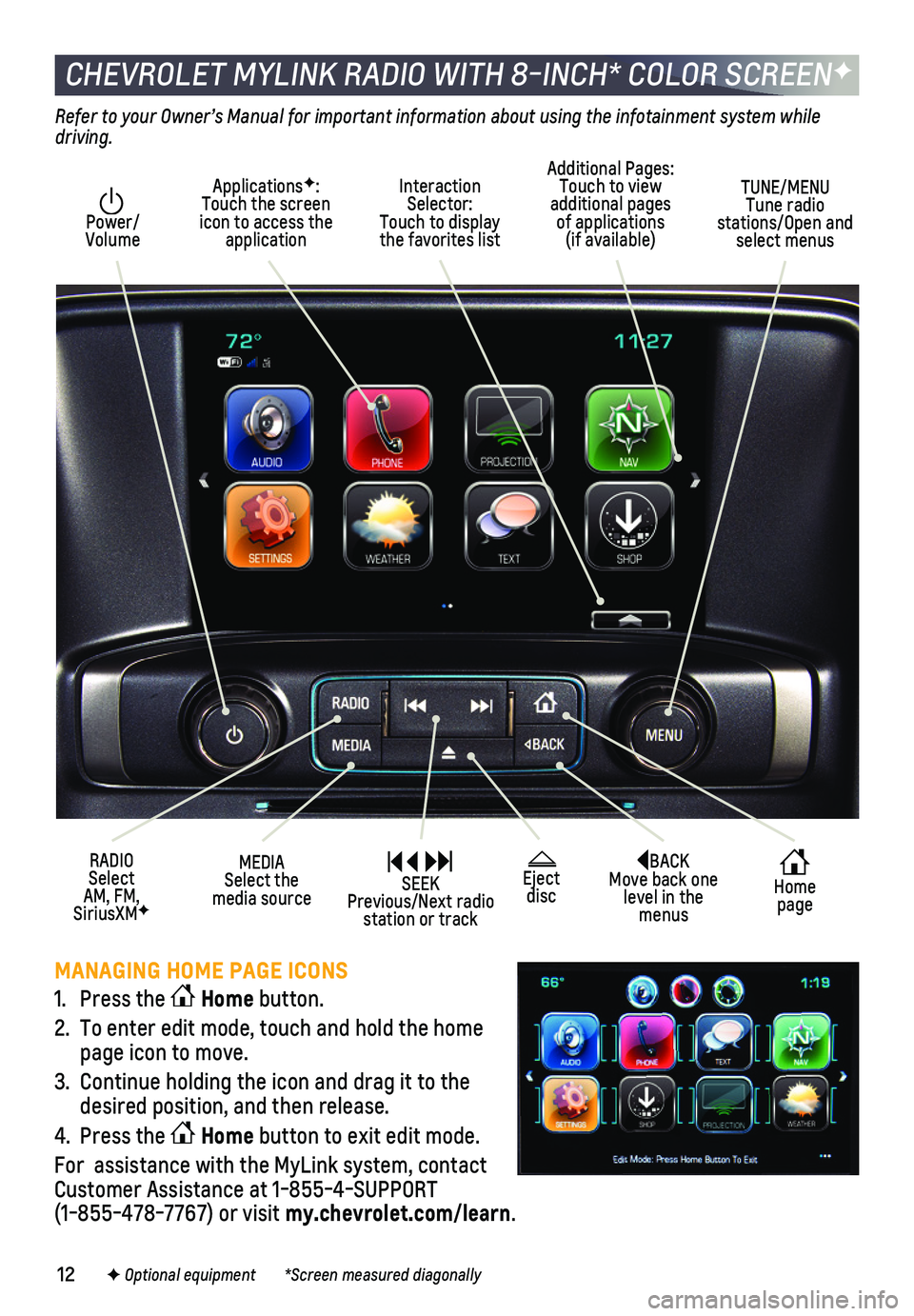 CHEVROLET SILVERADO 2018 Get To Know Guide 12
CHEVROLET MYLINK RADIO WITH 8-INCH* COLOR SCREENF
BACK Move back one level in the menus
Home page
Eject disc
Interaction Selector: Touch to display the favorites list
TUNE/MENU Tune radio stat CHEVROLET SILVERADO 2018 Get To Know Guide 12
CHEVROLET MYLINK RADIO WITH 8-INCH* COLOR SCREENF
BACK Move back one level in the menus
Home page
Eject disc
Interaction Selector: Touch to display the favorites list
TUNE/MENU Tune radio stat