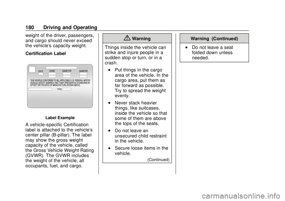 CHEVROLET SONIC 2018 Owners Manual Chevrolet Sonic Owner Manual (GMNA-Localizing-U.S./Canada-11373973) -
2018 - crc - 10/9/17
180 Driving and Operating
weight of the driver, passengers,
and cargo should never exceed
the vehicle's c CHEVROLET SONIC 2018 Owners Manual Chevrolet Sonic Owner Manual (GMNA-Localizing-U.S./Canada-11373973) -
2018 - crc - 10/9/17
180 Driving and Operating
weight of the driver, passengers,
and cargo should never exceed
the vehicle's c