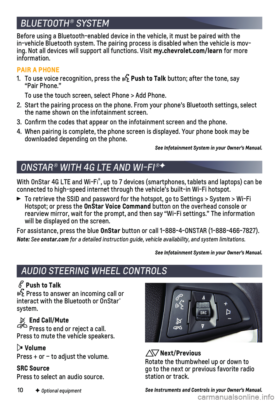 CHEVROLET SONIC 2018  Get To Know Guide 10F Optional equipment
AUDIO STEERING WHEEL CONTROLS
 Push to Talk
   Press to answer an incoming call or interact with the Bluetooth or OnStar®  system.
 End Call/Mute
     Press to end or reject a 