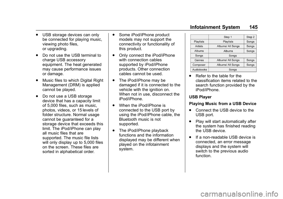 CHEVROLET SPARK 2018  Owners Manual Chevrolet Spark Owner Manual (GMNA-Localizing-U.S./Canada-11348464) -
2018 - crc - 9/19/17
Infotainment System 145
.USB storage devices can only
be connected for playing music,
viewing photo files,
or