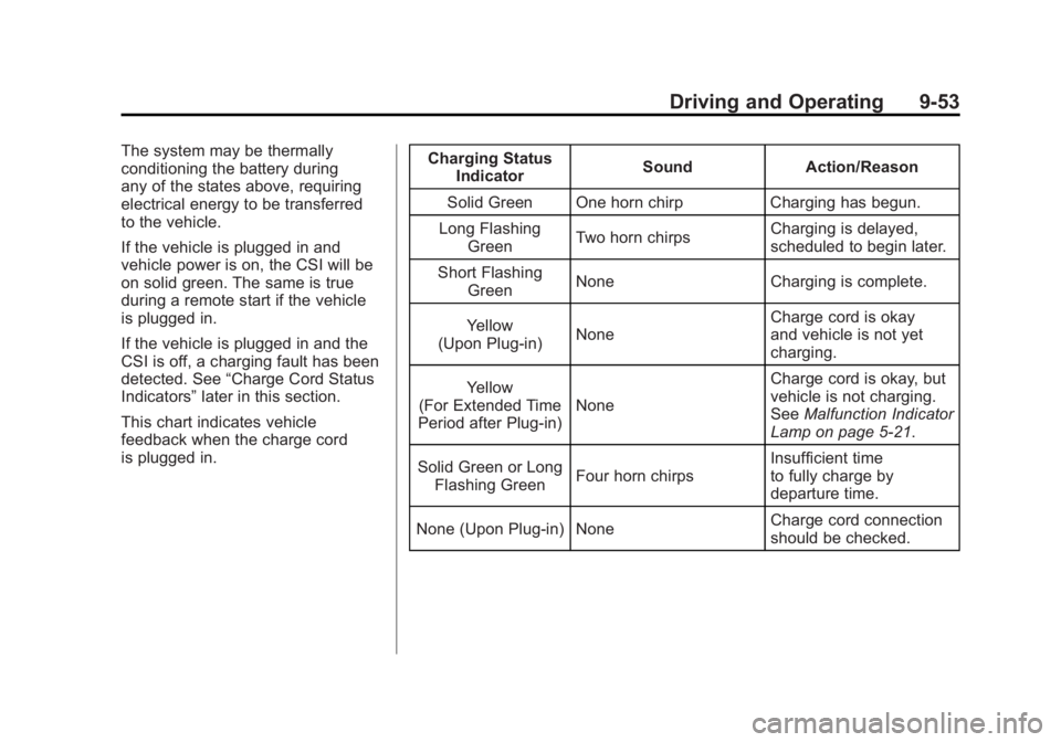 CHEVROLET VOLT 2011  Owners Manual Black plate (53,1)Chevrolet Volt Owner Manual - 2011
Driving and Operating 9-53
The system may be thermally
conditioning the battery during
any of the states above, requiring
electrical energy to be t