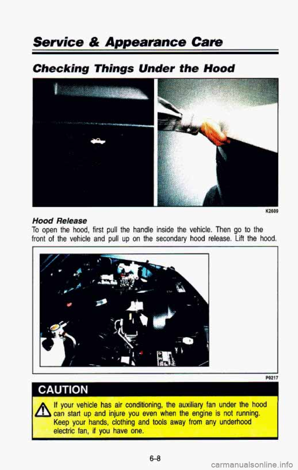 CHEVROLET BLAZER 1993  Owners Manual Service & Appearance Care 
Checking Things Under the Hood 
a& 
.. .. . 
~ 
Hood Release 
To open  the  hood,  first pull the  handle  inside  the  vehicle.  Then  go to the 
front  of the  vehicle  an