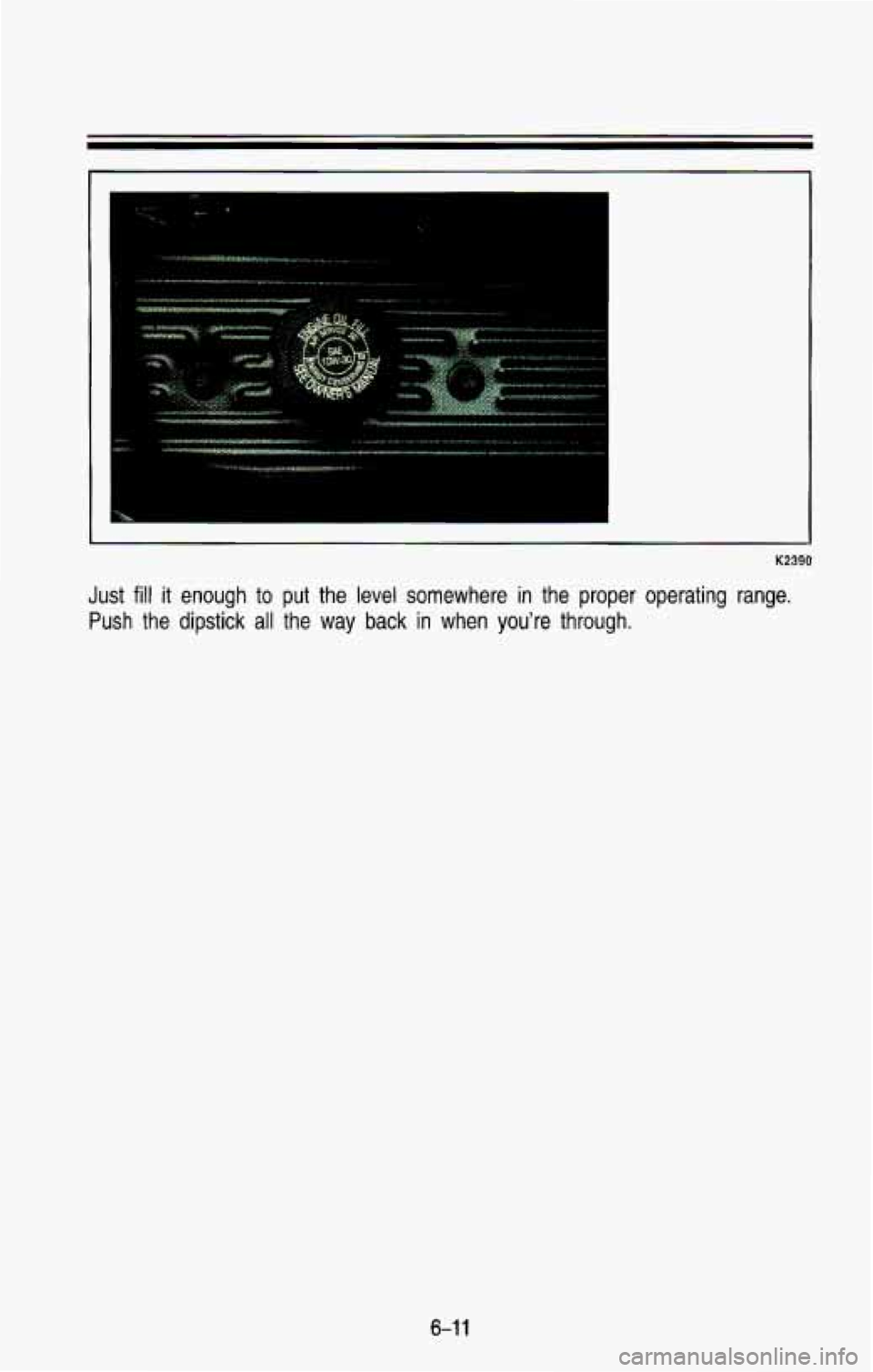 CHEVROLET BLAZER 1993  Owners Manual K2390 
Just fill it enough to put  the  level  somewhere in the  proper  operating  range. 
Push the  dipstick  all  the way  back  in  when you’re through. 
6-1 1  