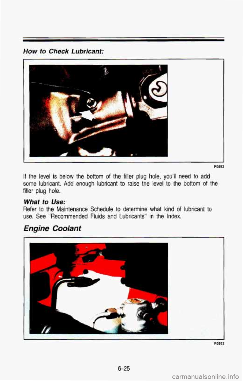 CHEVROLET BLAZER 1993  Owners Manual How to Check Lubricant: 
PO592 
If the  level is below  the  bottom of the  filler  plug  hole,  you’ll  need  to  add 
some  lubricant. 
Add enough  lubricant to raise  the  level to the  bottom of