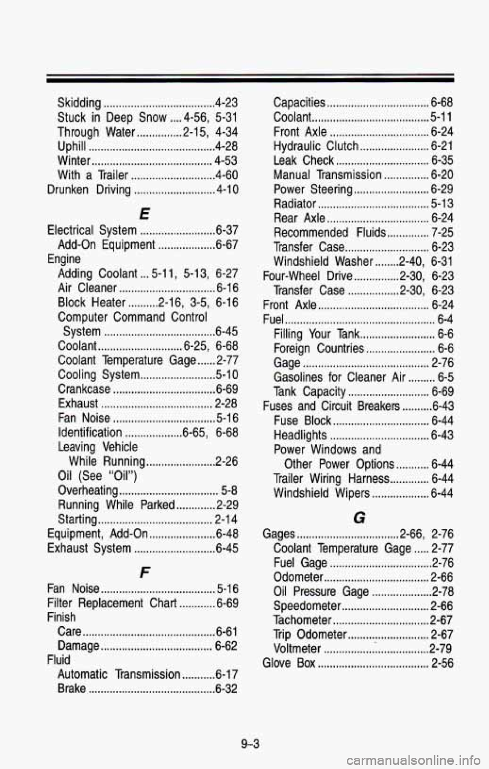 CHEVROLET BLAZER 1993 Owners Manual Skidding ..................................... 4-23
Stuck
in Deep Snow .... 4-56, 5-31
Through Water
............... 2-1 5, 4-34
Uphill
.......................................... 4-28
Winter CHEVROLET BLAZER 1993 Owners Manual Skidding ..................................... 4-23
Stuck
in Deep Snow .... 4-56, 5-31
Through Water
............... 2-1 5, 4-34
Uphill
.......................................... 4-28
Winter