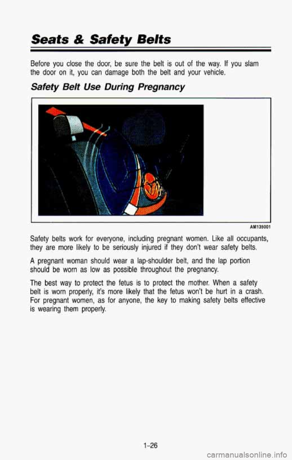 CHEVROLET BLAZER 1993  Owners Manual Seats & Safety Belts 
Before  you close the  door,  be  sure  the  belt is out of the way, If you  slam 
the  door  on  it,  you  can  damage  both  the  belt  and  your  vehicl\
e. 
Safety Belt Use D