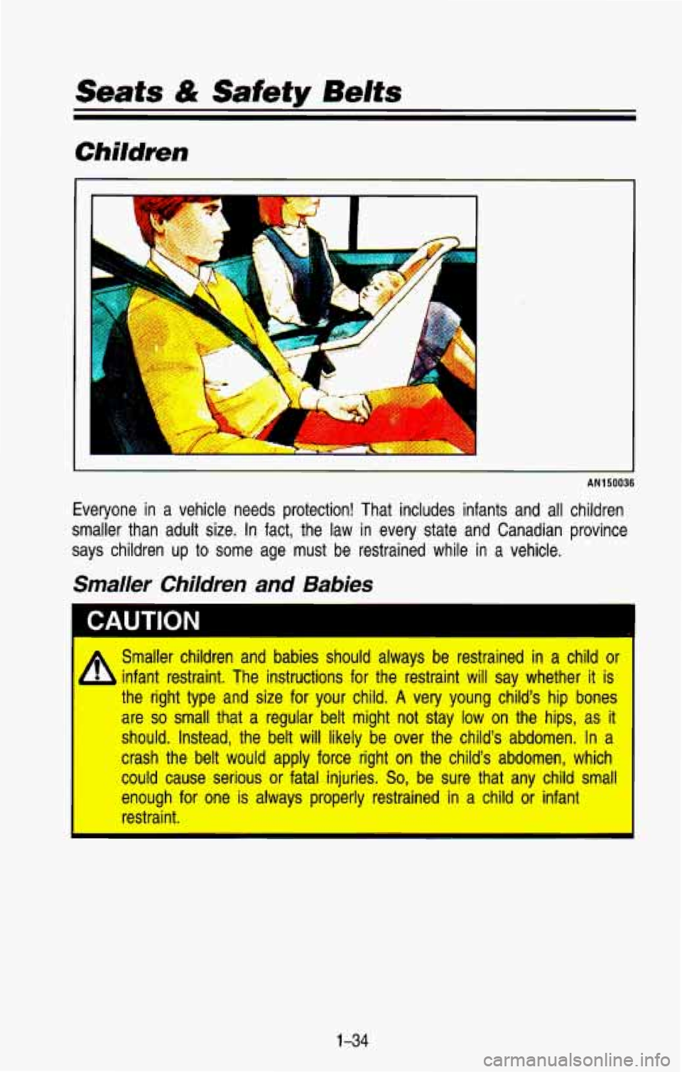 CHEVROLET BLAZER 1993  Owners Manual Seats & Safety Belts 
AN1 50036 
Everyone  in a vehicle  needs  protection!  That  includes  infants  and all children 
smaller  than  adult  size.  In fact,  the  law  in  every  state  and  Canadian