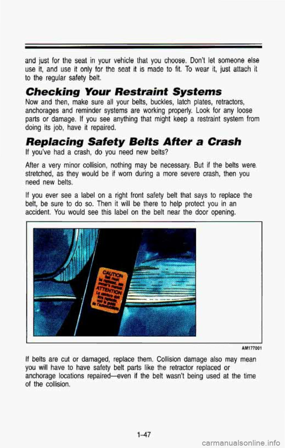 CHEVROLET BLAZER 1993 Owners Manual and just for the seat iir ydur vehicle thar you choose. Dont let someone else
use it, and use it only for the seat it is made to fit. To wear it, just attach it
to the regular safety belt. CHEVROLET BLAZER 1993 Owners Manual and just for the seat iir ydur vehicle thar you choose. Dont let someone else
use it, and use it only for the seat it is made to fit. To wear it, just attach it
to the regular safety belt.