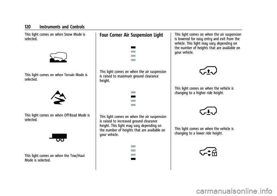 CHEVROLET SUBURBAN 2023  Owners Manual Chevrolet Tahoe/Suburban Owner Manual (GMNA-Localizing-U.S./Canada/
Mexico-16416971) - 2023 - CRC - 4/25/22
120 Instruments and Controls
This light comes on when Snow Mode is
selected.
This light come