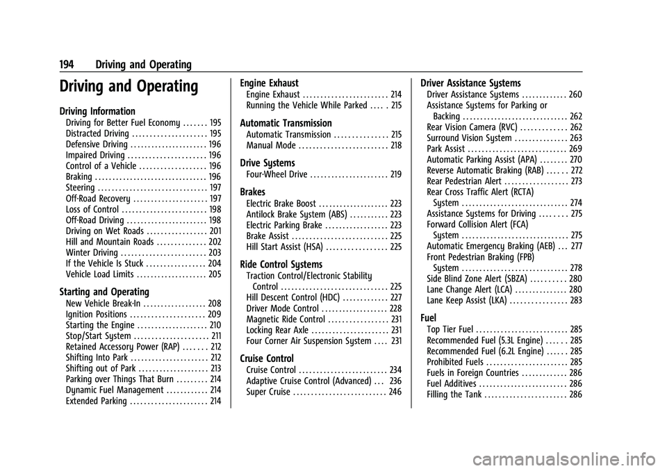 CHEVROLET SUBURBAN 2023 Owners Manual Chevrolet Tahoe/Suburban Owner Manual (GMNA-Localizing-U.S./Canada/
Mexico-16416971) - 2023 - CRC - 5/16/22
194 Driving and Operating
Driving and Operating
Driving Information
Driving for Better Fuel CHEVROLET SUBURBAN 2023 Owners Manual Chevrolet Tahoe/Suburban Owner Manual (GMNA-Localizing-U.S./Canada/
Mexico-16416971) - 2023 - CRC - 5/16/22
194 Driving and Operating
Driving and Operating
Driving Information
Driving for Better Fuel