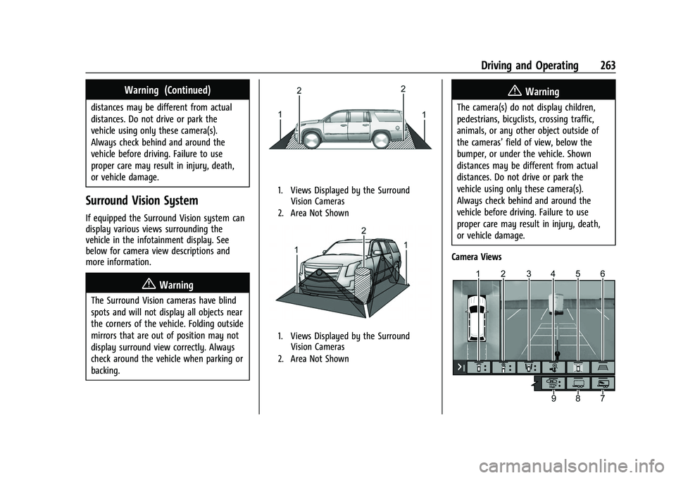 CHEVROLET SUBURBAN 2023 Owners Manual Chevrolet Tahoe/Suburban Owner Manual (GMNA-Localizing-U.S./Canada/
Mexico-16416971) - 2023 - CRC - 5/16/22
Driving and Operating 263
Warning (Continued)
distances may be different from actual
distanc CHEVROLET SUBURBAN 2023 Owners Manual Chevrolet Tahoe/Suburban Owner Manual (GMNA-Localizing-U.S./Canada/
Mexico-16416971) - 2023 - CRC - 5/16/22
Driving and Operating 263
Warning (Continued)
distances may be different from actual
distanc