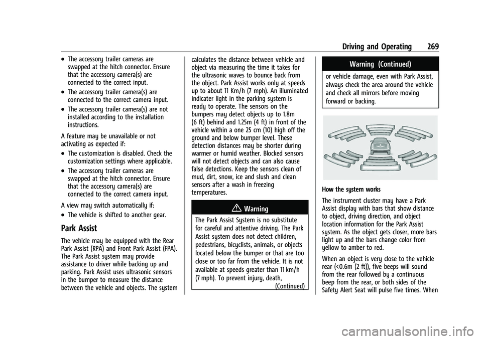 CHEVROLET SUBURBAN 2023 Owners Manual Chevrolet Tahoe/Suburban Owner Manual (GMNA-Localizing-U.S./Canada/
Mexico-16416971) - 2023 - CRC - 5/16/22
Driving and Operating 269
.The accessory trailer cameras are
swapped at the hitch connector. CHEVROLET SUBURBAN 2023 Owners Manual Chevrolet Tahoe/Suburban Owner Manual (GMNA-Localizing-U.S./Canada/
Mexico-16416971) - 2023 - CRC - 5/16/22
Driving and Operating 269
.The accessory trailer cameras are
swapped at the hitch connector.