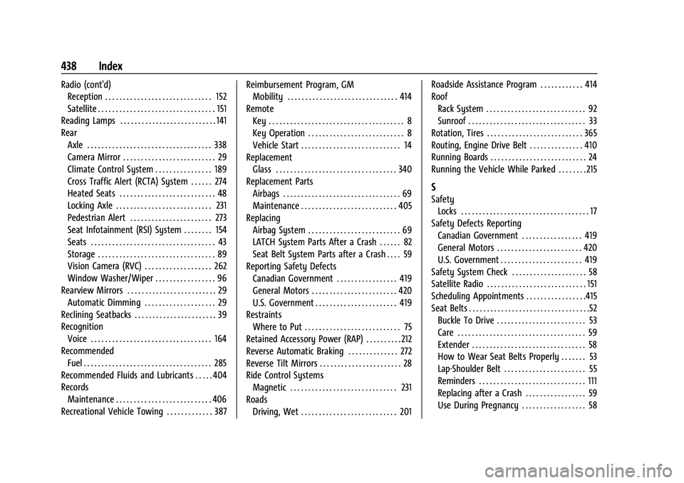CHEVROLET SUBURBAN 2023 Owners Manual Chevrolet Tahoe/Suburban Owner Manual (GMNA-Localizing-U.S./Canada/-
Mexico-16416971) - 2023 - CRC - 4/25/22
438 Index
Radio (cont'd)Reception . . . . . . . . . . . . . . . . . . . . . . . . . . . CHEVROLET SUBURBAN 2023 Owners Manual Chevrolet Tahoe/Suburban Owner Manual (GMNA-Localizing-U.S./Canada/-
Mexico-16416971) - 2023 - CRC - 4/25/22
438 Index
Radio (cont'd)Reception . . . . . . . . . . . . . . . . . . . . . . . . . . .