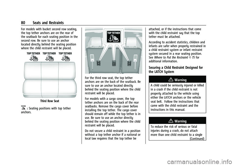 CHEVROLET SUBURBAN 2023 Owners Manual Chevrolet Tahoe/Suburban Owner Manual (GMNA-Localizing-U.S./Canada/
Mexico-16416971) - 2023 - CRC - 4/25/22
80 Seats and Restraints
For models with bucket second row seating,
the top tether anchors ar CHEVROLET SUBURBAN 2023 Owners Manual Chevrolet Tahoe/Suburban Owner Manual (GMNA-Localizing-U.S./Canada/
Mexico-16416971) - 2023 - CRC - 4/25/22
80 Seats and Restraints
For models with bucket second row seating,
the top tether anchors ar