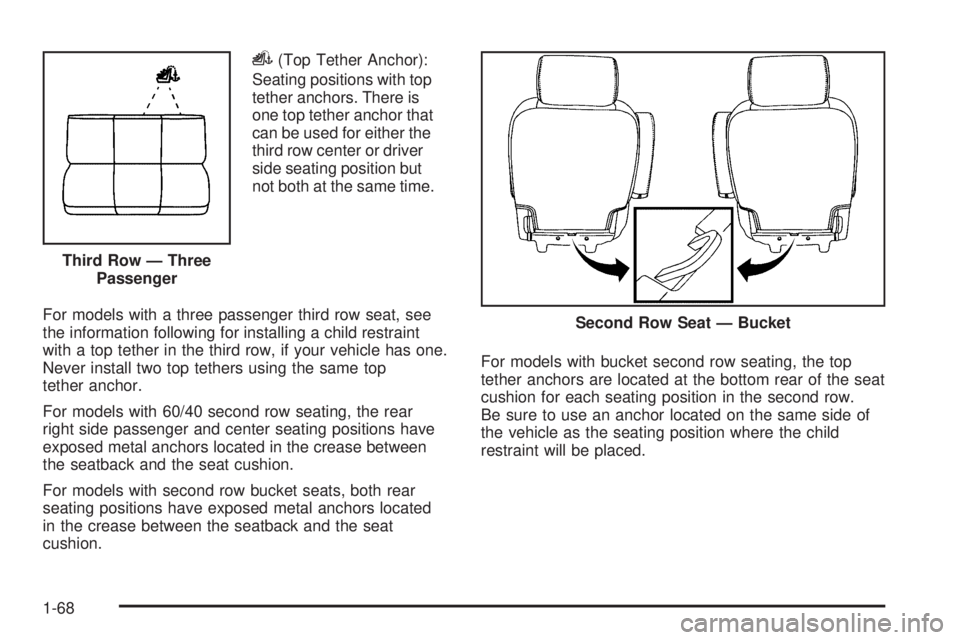 CHEVROLET SUBURBAN 2009 Owners Manual i(Top Tether Anchor):
Seating positions with top
tether anchors. There is
one top tether anchor that
can be used for either the
third row center or driver
side seating position but
not both at the sam CHEVROLET SUBURBAN 2009 Owners Manual i(Top Tether Anchor):
Seating positions with top
tether anchors. There is
one top tether anchor that
can be used for either the
third row center or driver
side seating position but
not both at the sam