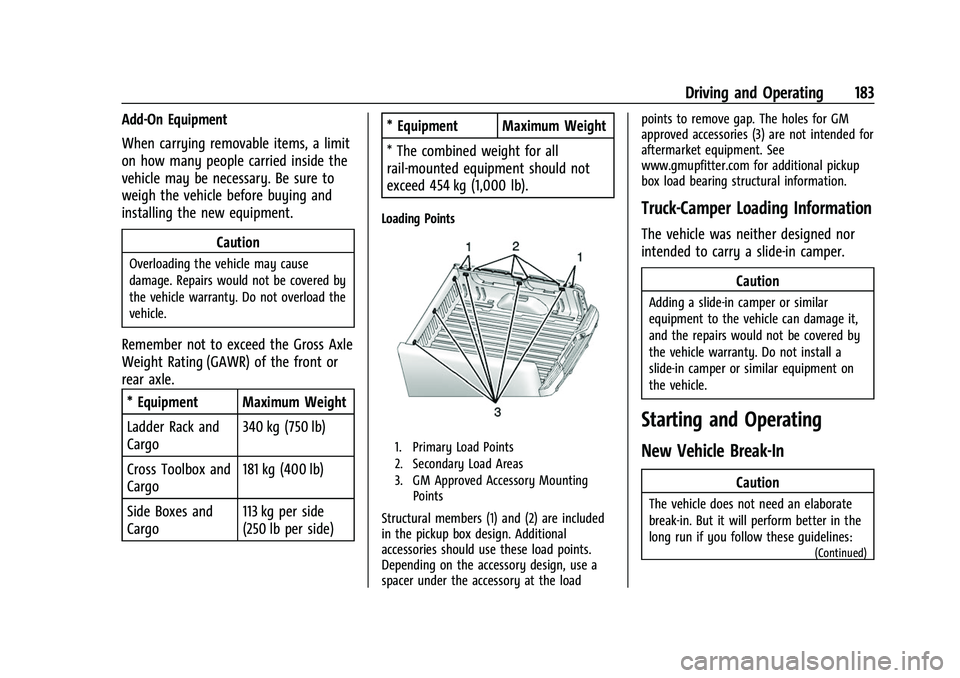 CHEVROLET COLORADO 2022  Owners Manual Chevrolet Colorado Owner Manual (GMNA-Localizing-U.S./Canada/Mexico-
15274222) - 2022 - CRC - 11/2/21
Driving and Operating 183
Add-On Equipment
When carrying removable items, a limit
on how many peop