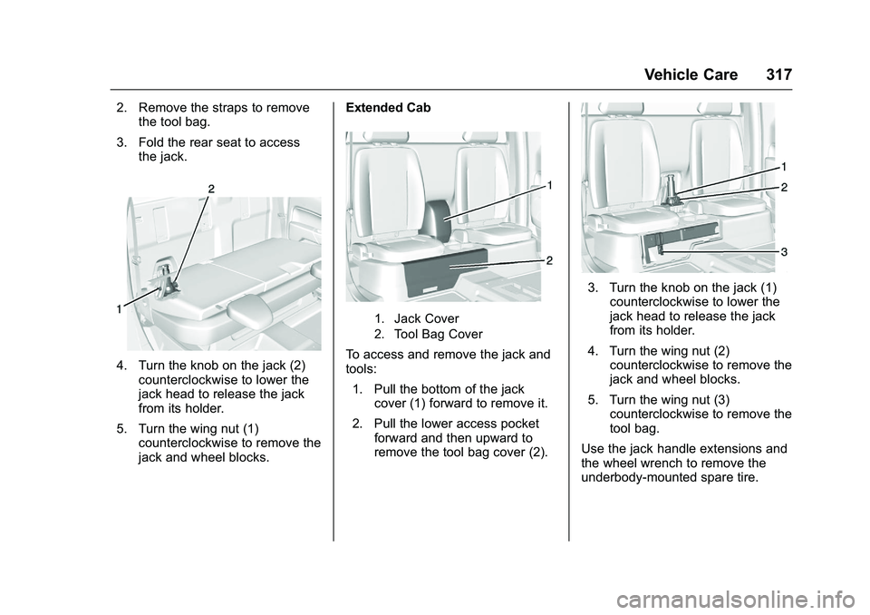 CHEVROLET COLORADO Z71 2016  Owners Manual Chevrolet Colorado Owner Manual (GMNA-Localizing-U.S/Canada/Mexico-
9159327) - 2016 - crc - 8/28/15
Vehicle Care 317
2. Remove the straps to removethe tool bag.
3. Fold the rear seat to access the jac