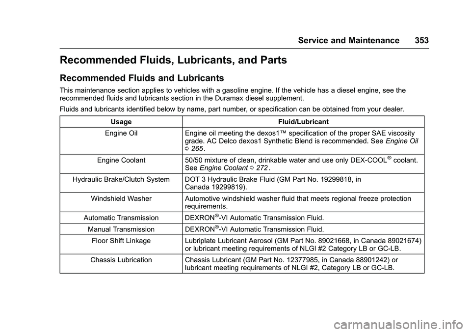CHEVROLET COLORADO Z71 2016  Owners Manual Chevrolet Colorado Owner Manual (GMNA-Localizing-U.S/Canada/Mexico-
9159327) - 2016 - crc - 8/28/15
Service and Maintenance 353
Recommended Fluids, Lubricants, and Parts
Recommended Fluids and Lubrica