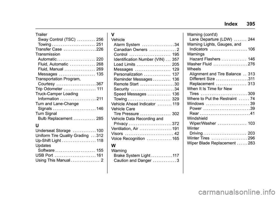 CHEVROLET COLORADO Z71 2016  Owners Manual Chevrolet Colorado Owner Manual (GMNA-Localizing-U.S/Canada/Mexico-
9159327) - 2016 - crc - 8/28/15
Index 395
TrailerSway Control (TSC) . . . . . . . . . . 256
Towing . . . . . . . . . . . . . . . . .