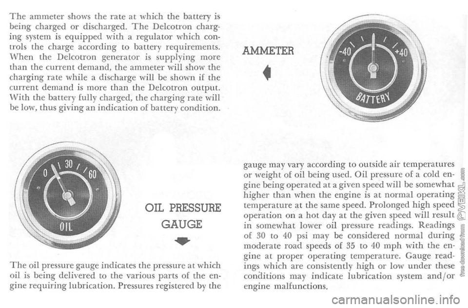 CHEVROLET CORVETTE 1964  Owners Manual The ammeter shows the rate  at which  the battery is being  charged or discharged. The Delcotron charg­
ing  system  is equipped  with  a regulator  which  con­
trol s the  charge  acco rding  to b