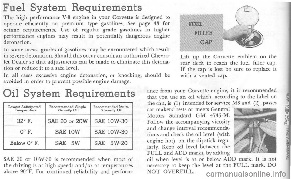 CHEVROLET CORVETTE 1964  Owners Manual Fuel System Requirements The high performance V-8 engine in your Corvette is designed  to operate efficiently on premium type gasolines.  See page 43 for 
octane  requirements.  Use of regular grade g