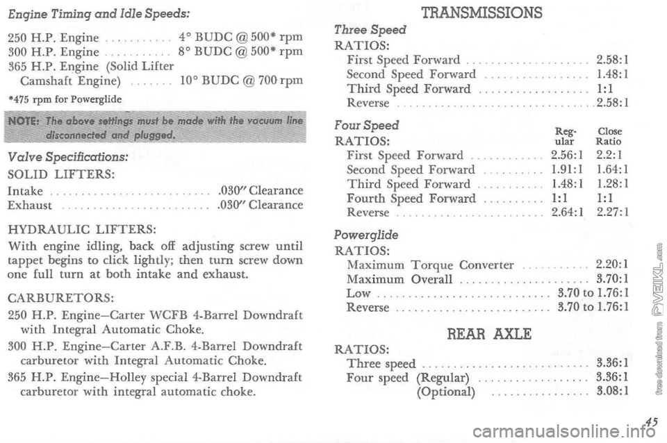 CHEVROLET CORVETTE 1964  Owners Manual Engine Timing and Idle Speeds: 
250  H.P.  Engine  4° 
BUDC @500 rpm 300 H.P. Engine  8° BUDC @ 500 rpm 365 H.P. Engine  (Solid Lifter 
Camshaft  Engine) 10° BUDC @ 700 rpm ·475 rpm  for Powergl