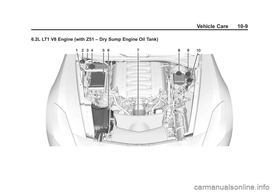 CHEVROLET CORVETTE GRAND SPORT 2015  Owners Manual Black plate (9,1)Chevrolet Corvette Owner Manual (GMNA-Localizing-U.S./Canada/Mexico-
7576293) - 2015 - crc - 6/17/14
Vehicle Care 10-9
6.2L LT1 V8 Engine (with Z51–Dry Sump Engine Oil Tank) 