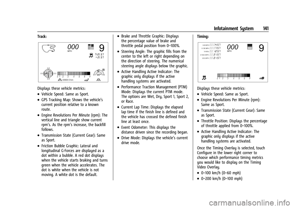 CHEVROLET CORVETTE 2023  Owners Manual Chevrolet Corvette Owner Manual (GMNA-Localizing-U.S./Canada/Mexico-
16287457) - 2023 - CRC - 3/10/22
Infotainment System 141
Track:
Displays these vehicle metrics:
.Vehicle Speed: Same as Sport.
.GPS