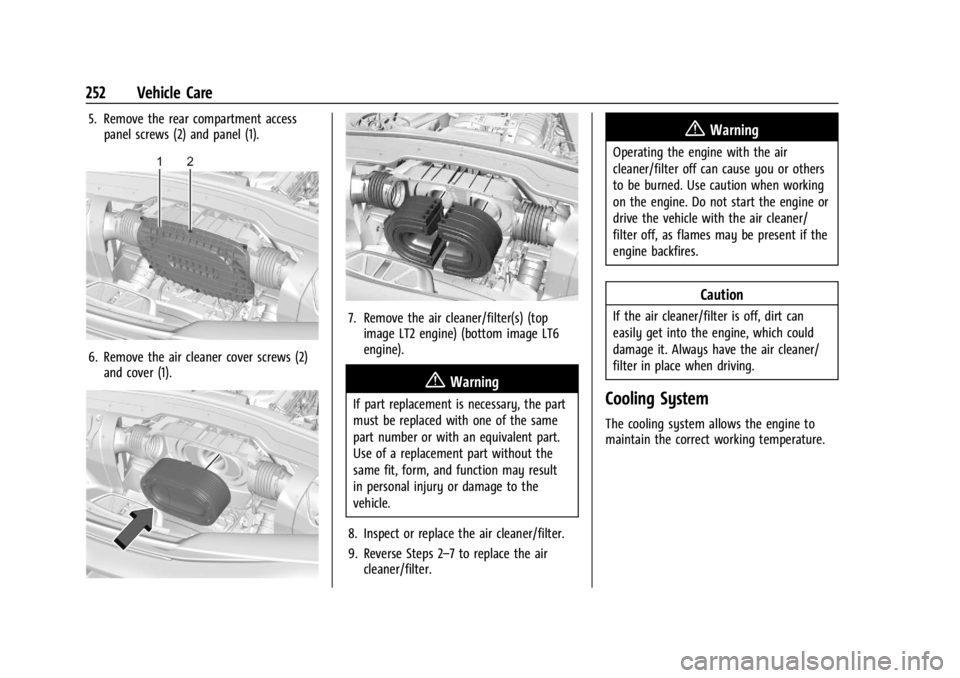 CHEVROLET CORVETTE 2023  Owners Manual Chevrolet Corvette Owner Manual (GMNA-Localizing-U.S./Canada/Mexico-
16287457) - 2023 - CRC - 3/10/22
252 Vehicle Care
5. Remove the rear compartment accesspanel screws (2) and panel (1).
6. Remove th