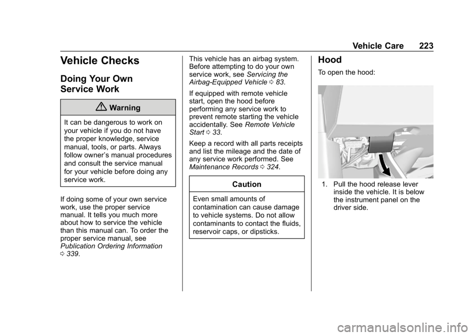CHEVROLET CORVETTE GRAND SPORT 2019  Owners Manual Chevrolet Corvette Owner Manual (GMNA-Localizing-U.S./Canada/Mexico-
12032182) - 2019 - crc - 5/8/18
Vehicle Care 223
Vehicle Checks
Doing Your Own
Service Work
{Warning
It can be dangerous to work on