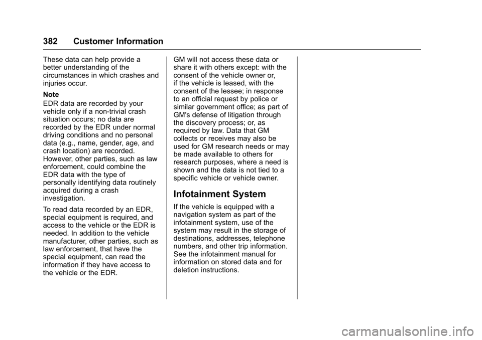 CHEVROLET CRUZE HATCHBACK 2017  Owners Manual Chevrolet Cruze Owner Manual (GMNA-Localizing-U.S./Canada/Mexico-
9803785) - 2017 - CRC - 4/13/16
382 Customer Information
These data can help provide a
better understanding of the
circumstances in wh