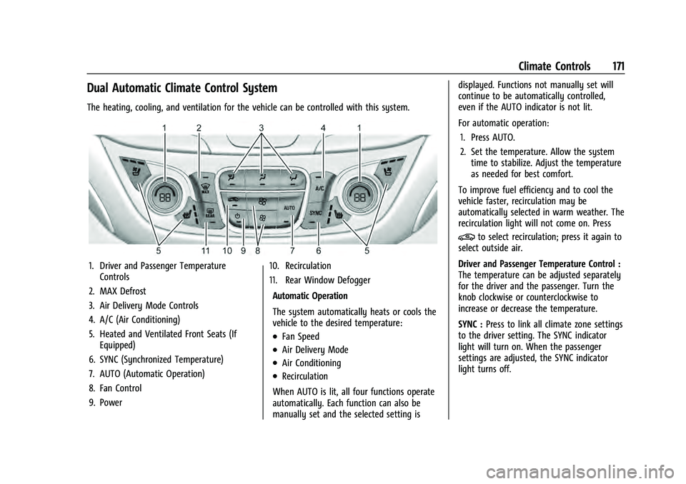 CHEVROLET EQUINOX 2023  Owners Manual Chevrolet Equinox Owner Manual (GMNA-Localizing-U.S./Canada-
16540728) - 2023 - crc - 6/16/22
Climate Controls 171
Dual Automatic Climate Control System
The heating, cooling, and ventilation for the v
