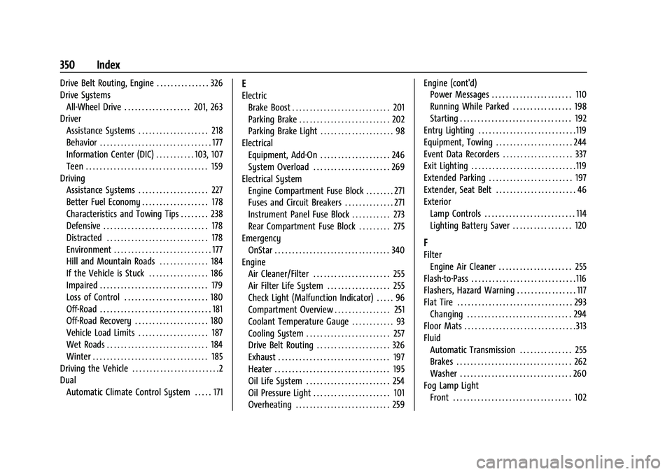 CHEVROLET EQUINOX 2022  Owners Manual Chevrolet Equinox Owner Manual (GMNA-Localizing-U.S./Canada-
16540728) - 2023 - crc - 6/16/22
350 Index
Drive Belt Routing, Engine . . . . . . . . . . . . . . . 326
Drive SystemsAll-Wheel Drive . . . 