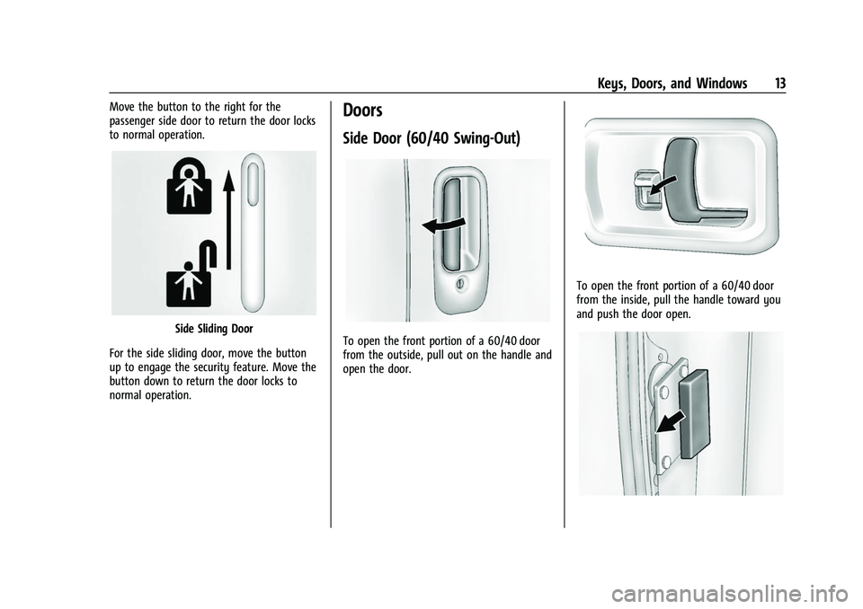 CHEVROLET EXPRESS 2021  Owners Manual Chevrolet Express Owner Manual (GMNA-Localizing-U.S./Canada/Mexico-
15555951) - 2022 - CRC - 1/27/22
Keys, Doors, and Windows 13
Move the button to the right for the
passenger side door to return the 
