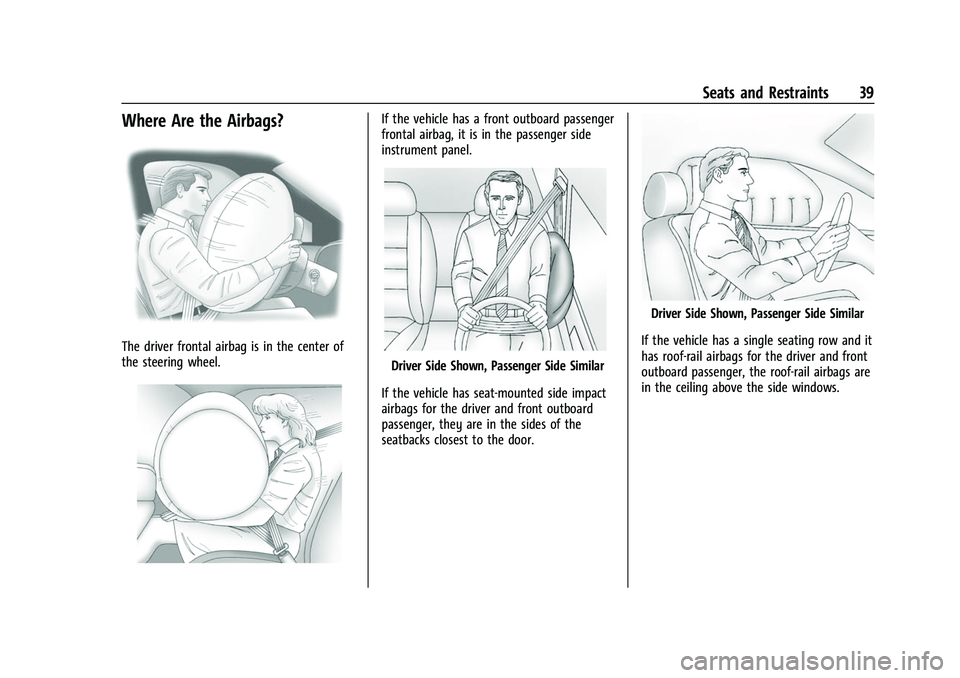 CHEVROLET EXPRESS 2021  Owners Manual Chevrolet Express Owner Manual (GMNA-Localizing-U.S./Canada/Mexico-
15555951) - 2022 - CRC - 1/27/22
Seats and Restraints 39
Where Are the Airbags?
The driver frontal airbag is in the center of
the st