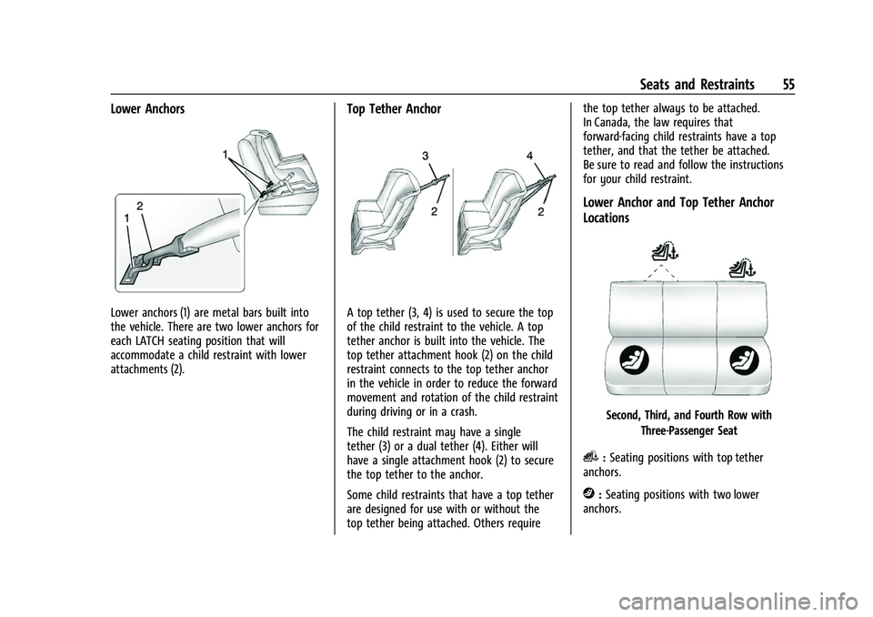 CHEVROLET EXPRESS 2021  Owners Manual Chevrolet Express Owner Manual (GMNA-Localizing-U.S./Canada/Mexico-
15555951) - 2022 - CRC - 1/27/22
Seats and Restraints 55
Lower Anchors
Lower anchors (1) are metal bars built into
the vehicle. Ther