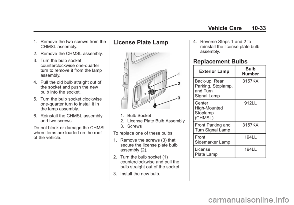 CHEVROLET EXPRESS 2015  Owners Manual Black plate (33,1)Chevrolet Express Owner Manual (GMNA-Localizing-U.S./Canada/Mexico-
7707481) - 2015 - CRC - 4/30/14
Vehicle Care 10-33
1. Remove the two screws from theCHMSL assembly.
2. Remove the 