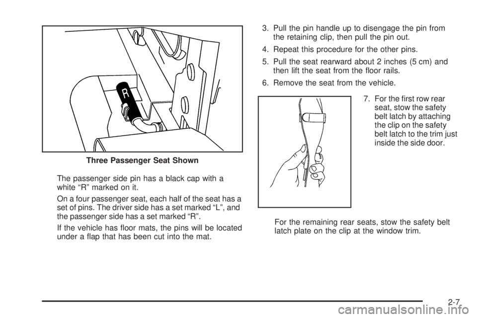 CHEVROLET EXPRESS 2008  Owners Manual The passenger side pin has a black cap with a
white “R” marked on it.
On a four passenger seat, each half of the seat has a
set of pins. The driver side has a set marked “L”, and
the passenger
