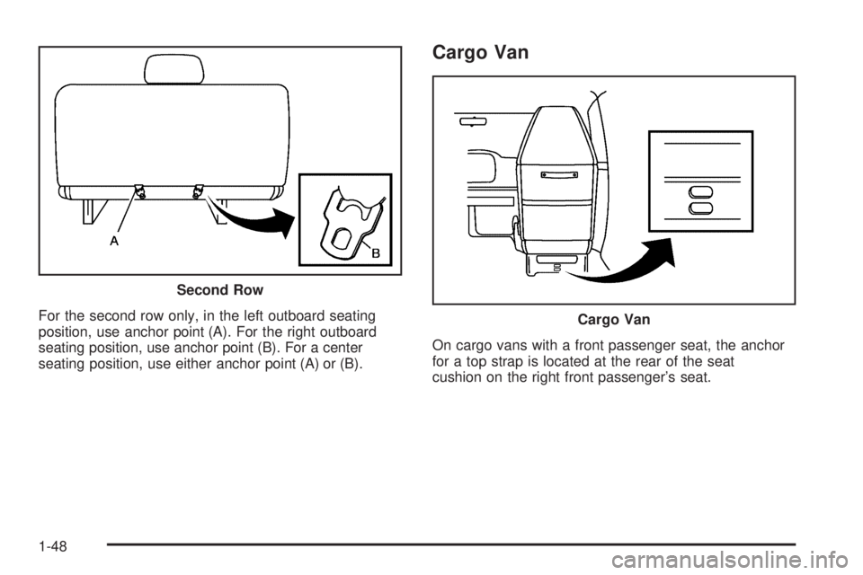 CHEVROLET EXPRESS 2005  Owners Manual For the second row only, in the left outboard seating
position, use anchor point (A). For the right outboard
seating position, use anchor point (B). For a center
seating position, use either anchor po