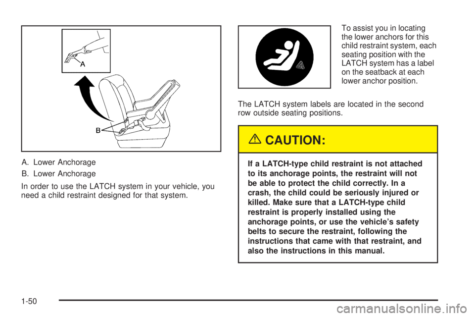 CHEVROLET EXPRESS 2005  Owners Manual A. Lower Anchorage
B. Lower Anchorage
In order to use the LATCH system in your vehicle, you
need a child restraint designed for that system.To assist you in locating
the lower anchors for this
child r