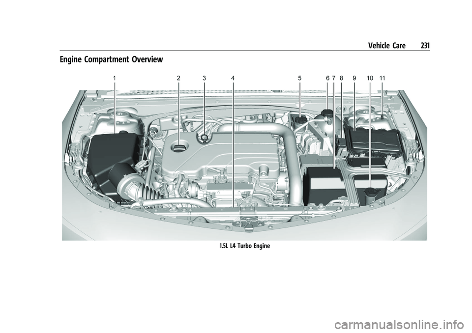 CHEVROLET MALIBU 2022  Owners Manual Chevrolet Malibu Owner Manual (GMNA-Localizing-U.S./Canada-
14584249) - 2021 - CRC - 11/9/20
Vehicle Care 231
Engine Compartment Overview
1.5L L4 Turbo Engine 