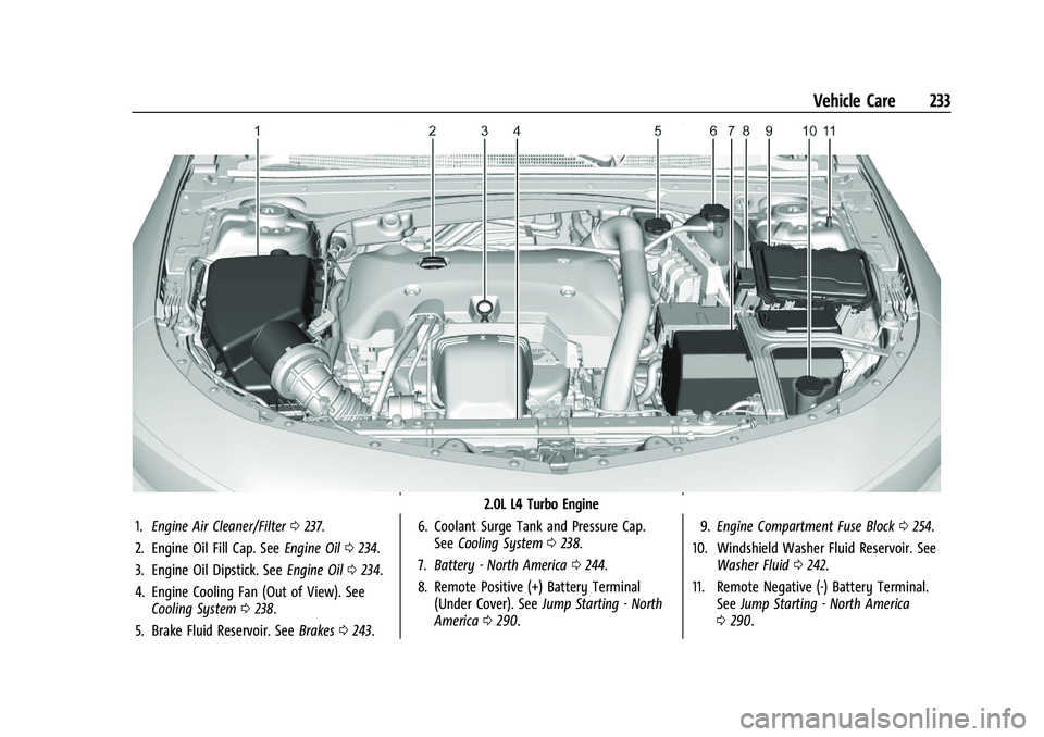 CHEVROLET MALIBU 2022  Owners Manual Chevrolet Malibu Owner Manual (GMNA-Localizing-U.S./Canada-
14584249) - 2021 - CRC - 11/9/20
Vehicle Care 233
2.0L L4 Turbo Engine
1. Engine Air Cleaner/Filter 0237.
2. Engine Oil Fill Cap. See Engine