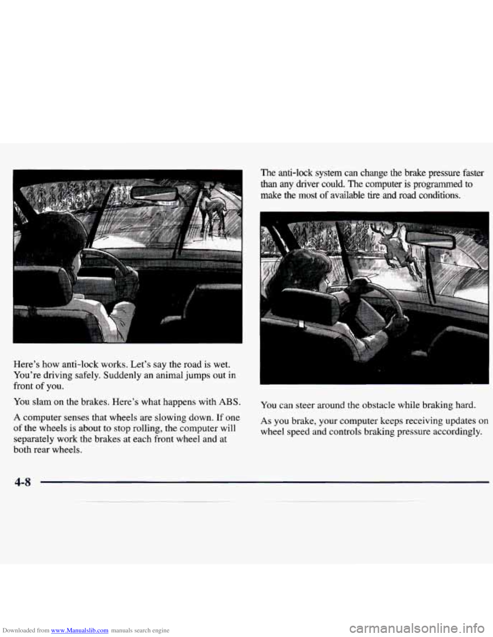 CHEVROLET MALIBU 1998  Owners Manual Downloaded from www.Manualslib.com manuals search engine You slam  on  the  brakes.  Here’s  what  happens  with ABS. 
A computer  senses  that  wheels  are slowing  down.  If one 
of the  wheels  i