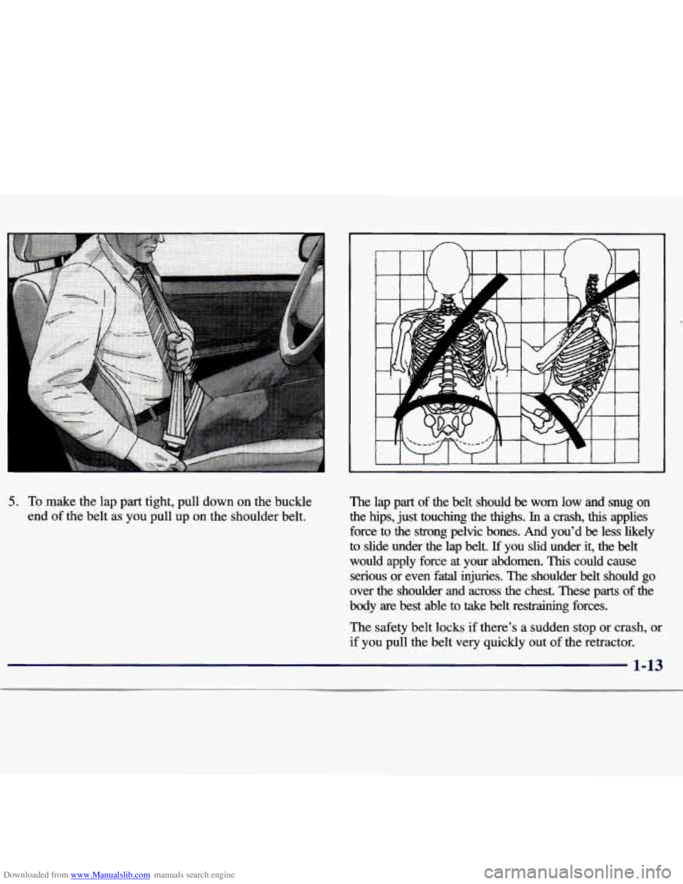 CHEVROLET MALIBU 1998  Owners Manual Downloaded from www.Manualslib.com manuals search engine 5. To make the lap  part  tight,  pull  down  on the buckle 
end  of the  belt  as  you  pull  up  on  the shoulder  belt.  The  lap  part of t