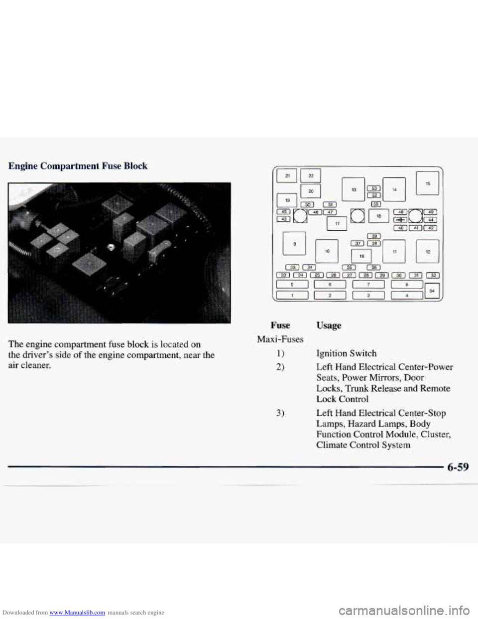 CHEVROLET MALIBU 1998  Owners Manual Downloaded from www.Manualslib.com manuals search engine Engine  Comnartment Fuse Block 
The engine compartment fuse block  is  located  on 
the  driver’s  side of the engine compartment,  near  the