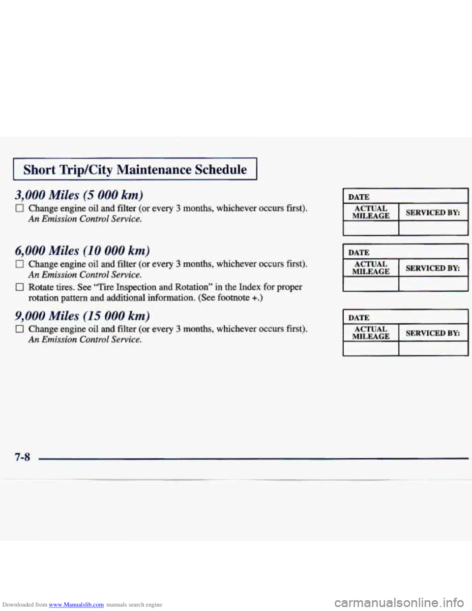 CHEVROLET MALIBU 1998  Owners Manual Downloaded from www.Manualslib.com manuals search engine I Short  TripKity  Maintenance  Schedule I 
3,000 Miles (5 000 km) 
0 Change engine oil and filter (or every 3 months,  whichever  occurs E‘ 