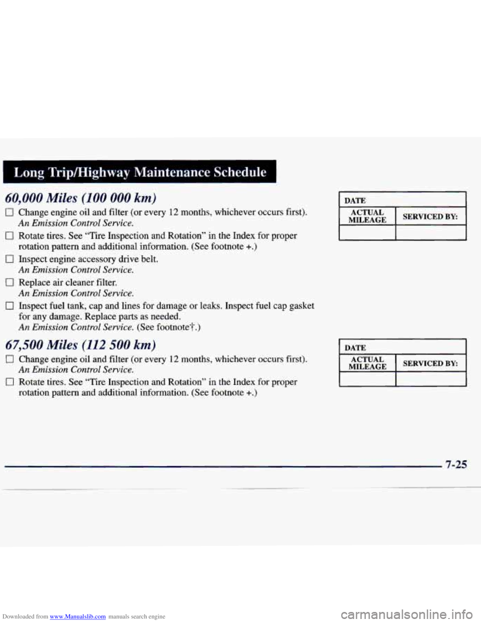 CHEVROLET MALIBU 1998  Owners Manual Downloaded from www.Manualslib.com manuals search engine I Long Trip/Highway Maintenance Schedule 1 
60,000 Miles (100 000 km) 
0 Change engine oil and filter (or every 12 months,  whichever occurs fi