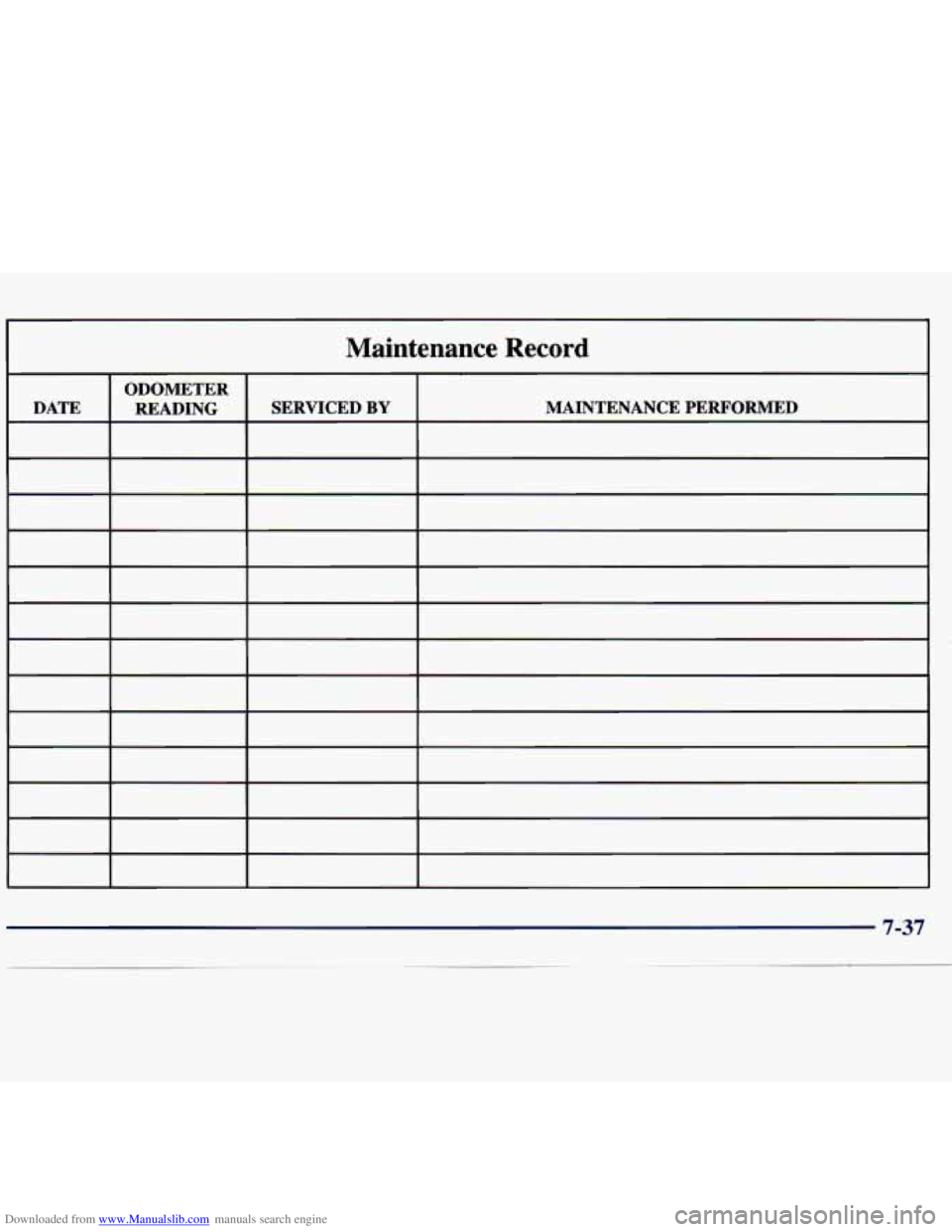 CHEVROLET MALIBU 1998  Owners Manual Downloaded from www.Manualslib.com manuals search engine Maintenance  Record 
ODOMETER 
DATE  MAINTENANCE  PERFORMED 
SERVICED 
BY READING 
~   